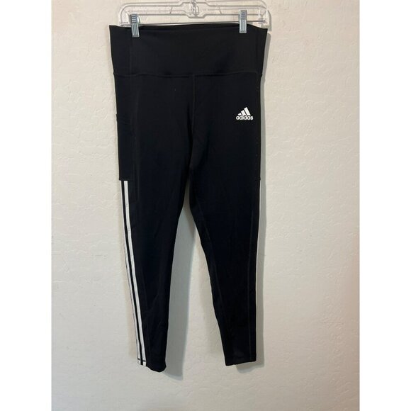 Adidas Women Legging Sz Large Black White Stripe Ankle Aeroready - Picture 2 of 8